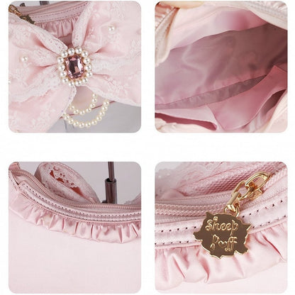 Blue Sweet Lolita Satin Underarm Bag with Crystal Bow - Sheep Puff Bag