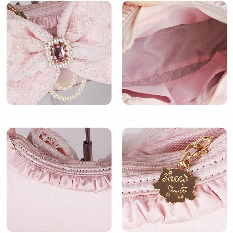 Sweet Lolita Satin Shoulder Bag with Sparkling Beaded Bow - Sheep Puff Bag