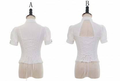 Shirt Sleeves High Pin Neck Jabot and Bow White with Detachable Short