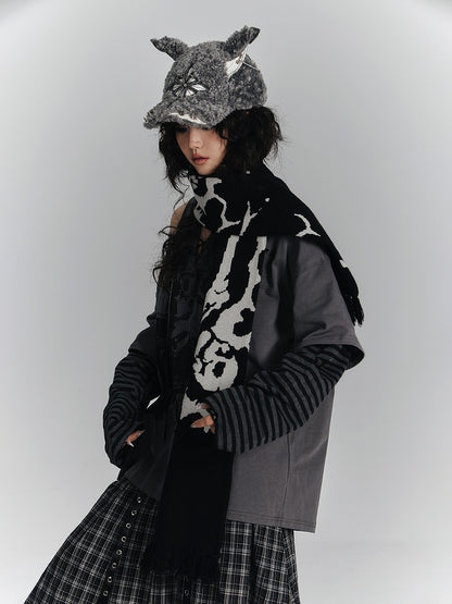 Print Skeleton with Black Scarf Red Punk Text