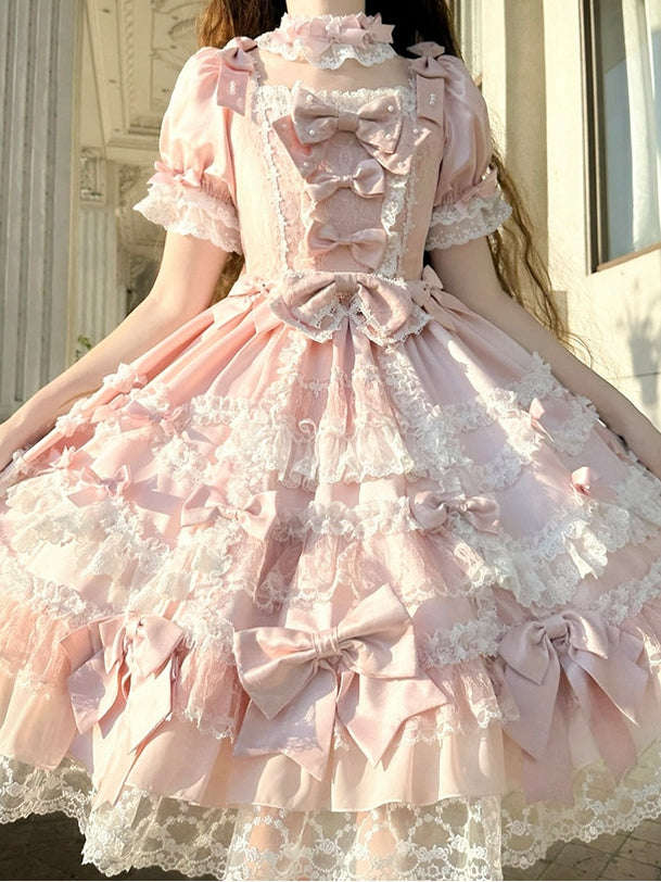 Kleid Sweet Lolita Rosa Akzente Hohe Abnehmbare mit Ärmeln Schleife Taille Prinzessin