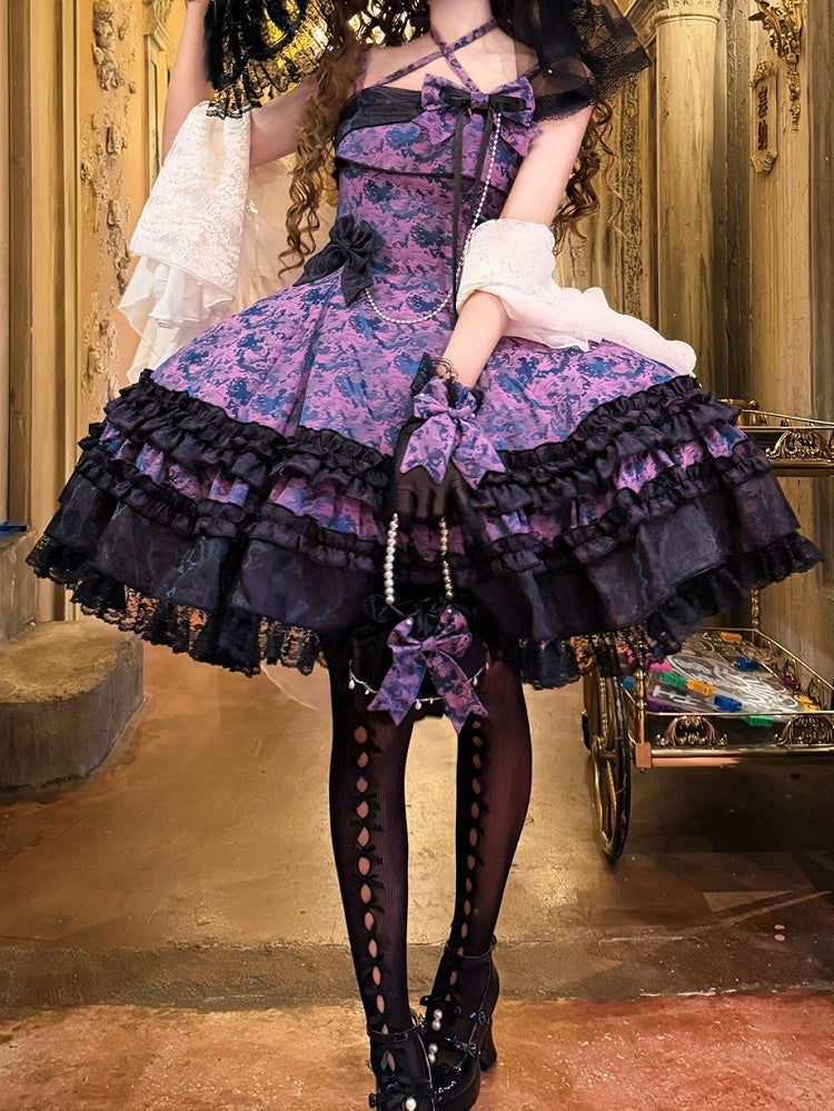 Purple & Black Bowknot Pearl Chain Halter JSK Dress