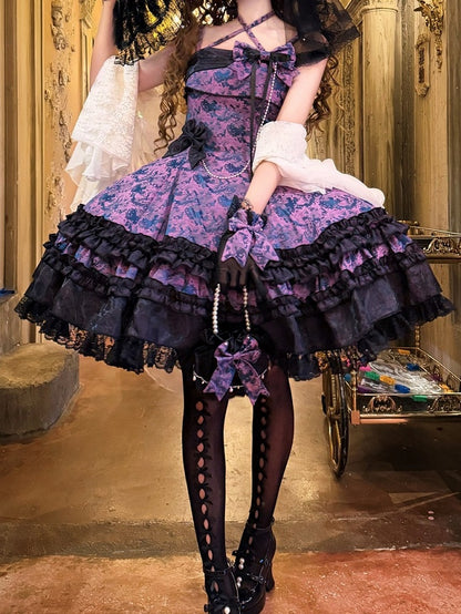 Purple & Black Bowknot Pearl Chain Halter JSK Dress