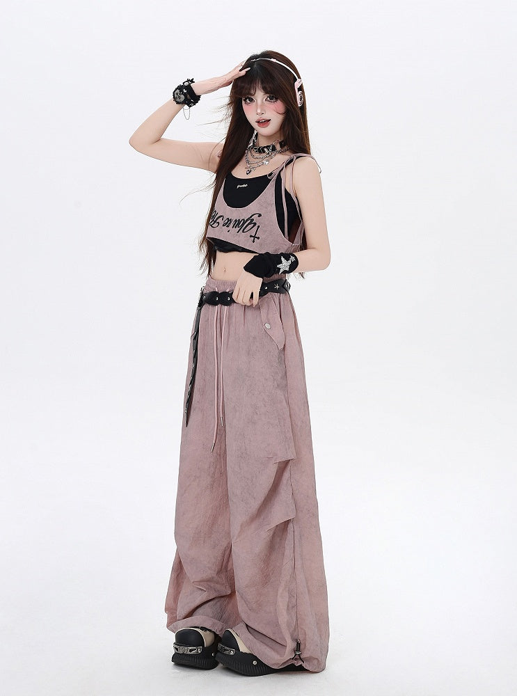 Taille Asymmetrische Hose Punk Accessoire Dusty Pink Kordelzug Taille Wasteland mit