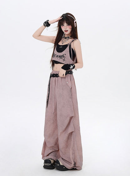 Taille Asymmetrische Hose Punk Accessoire Dusty Pink Kordelzug Taille Wasteland mit