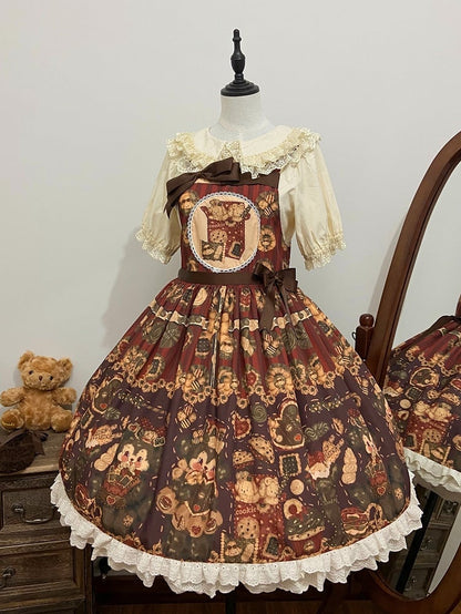 Brown Sweet Reddish Cookies and Overall Dress Print Puppy Furry Lolita