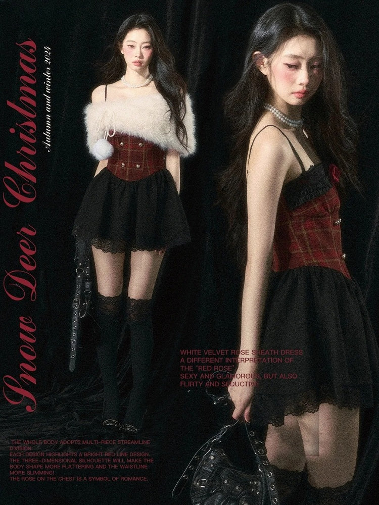 Weihnachtliches Set aus Camisole-Kleid mit Blumenmuster in Rot und Plüschschal