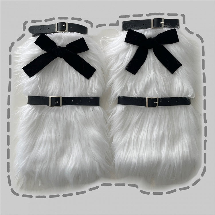 Leg Black Warmers With White Plush Bow Decoration