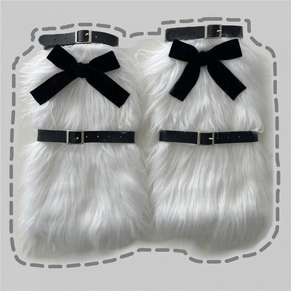 Leg Black Warmers With White Plush Bow Decoration