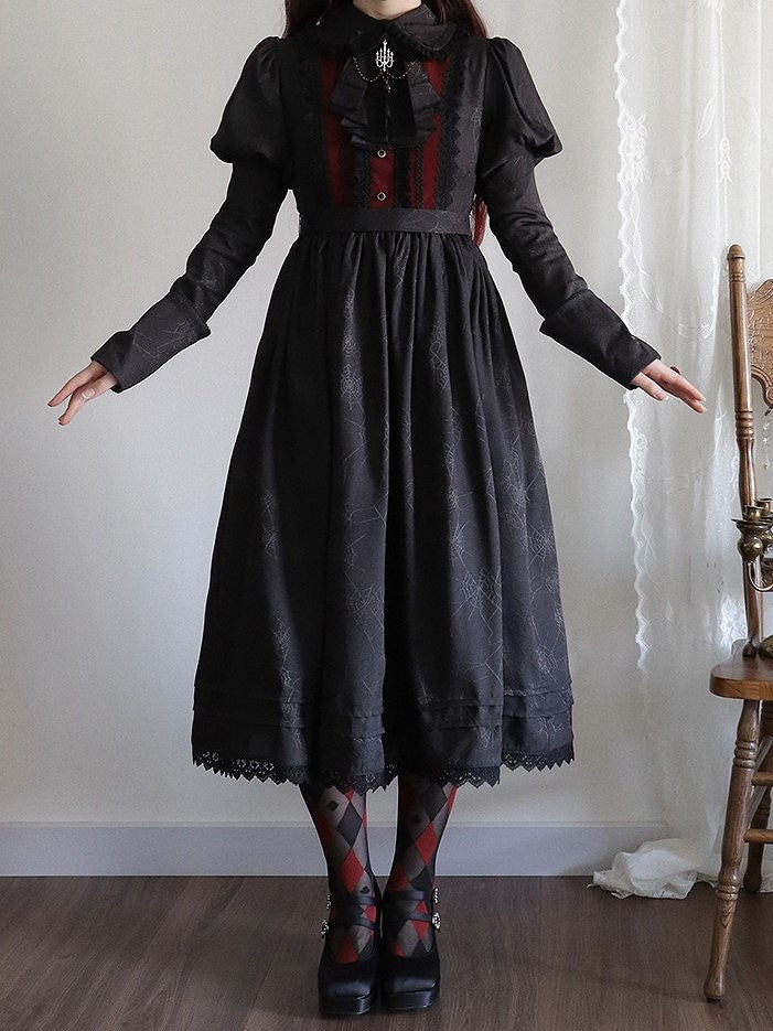 Lolita and Gothic with Lace Pattern Dress Spider Web Trim Black Juliette Sleeves