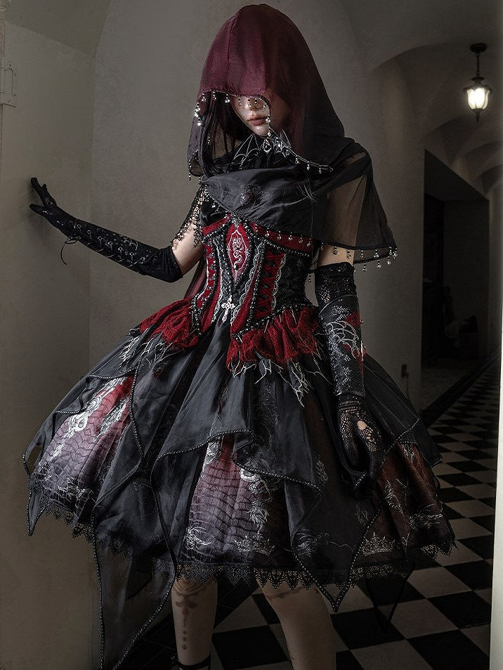 Black & Red Bone Dragon Embroidery Halter Neck Gothic Lolita Dress Set - Ying Luo Fu