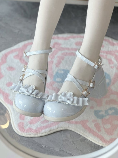 Detachable Bunny Snap Mary Design with Sweet PU Blue Crisscross Janes Bow - Lolita Themed