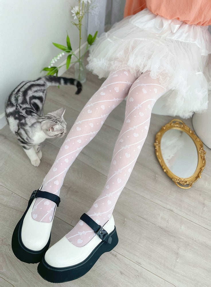 ホワイト/ブラック セミシースルー ハート ロリータ タイツ