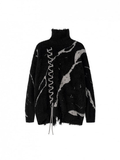 Vintage Dark Aesthetic Turtle Neck Sweater with Lace-Up Design