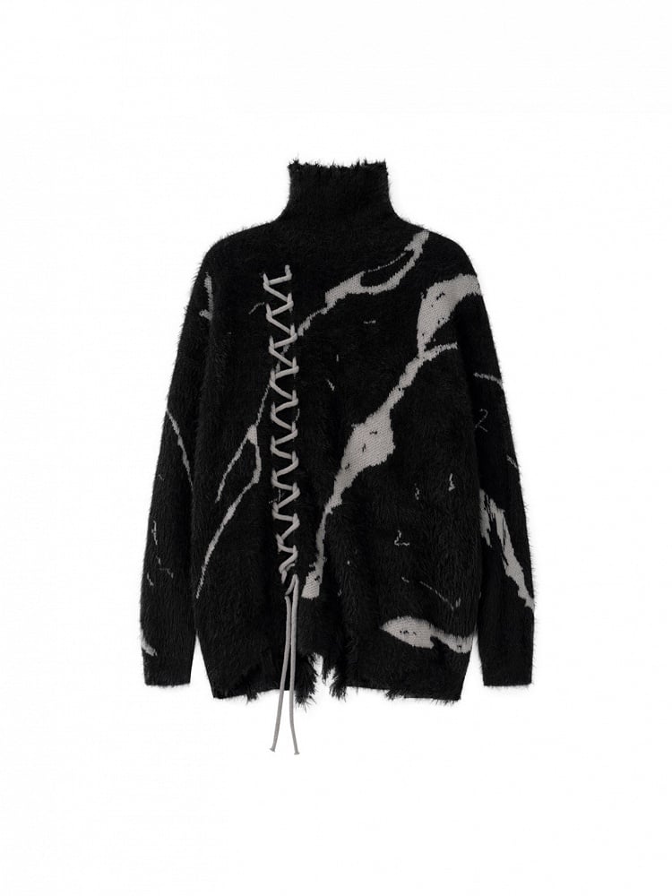 Vintage Dark Aesthetic Turtle Neck Sweater with Lace-Up Design
