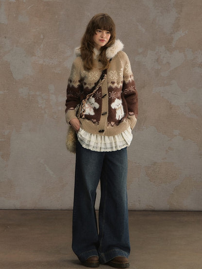 Collar Detachable Mohair Cozy Pink/Brown Fur Hooded Cardigan with Knit