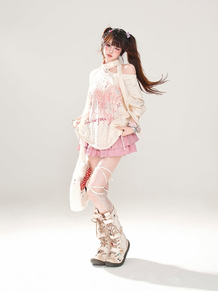 with Butterfly Print Distressed Holes Asymmetrical Apricot T-Shirt Neckline Free Scarf