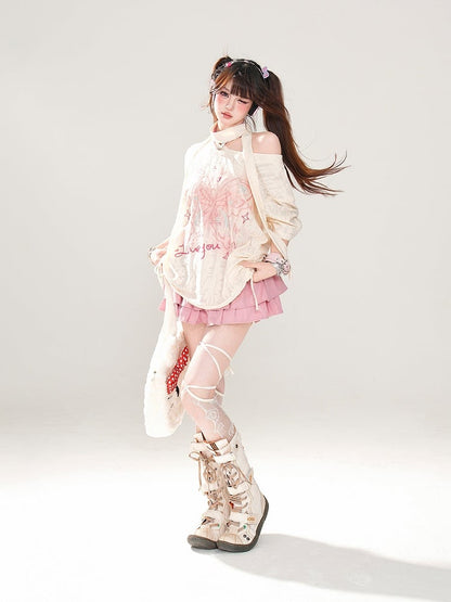 with Butterfly Print Distressed Holes Asymmetrical Apricot T-Shirt Neckline Free Scarf