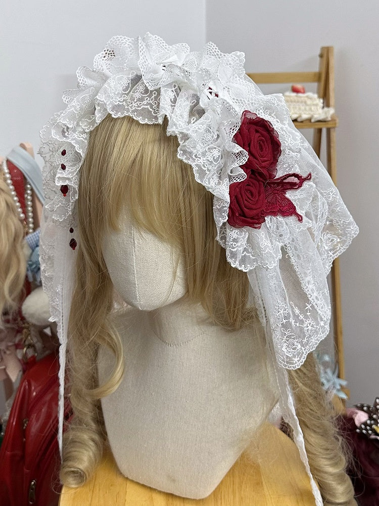 Lace Red Black/White Veil Lolita Hairband Gothic Ruffled Rose Beads With