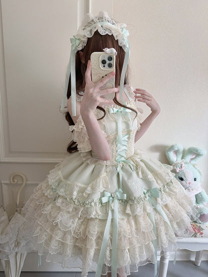 Bow Ballet-Style Details Multi-Layer Dress Cute Lace / JSK with + Ribbon Princess Train Large Green Skirt Only