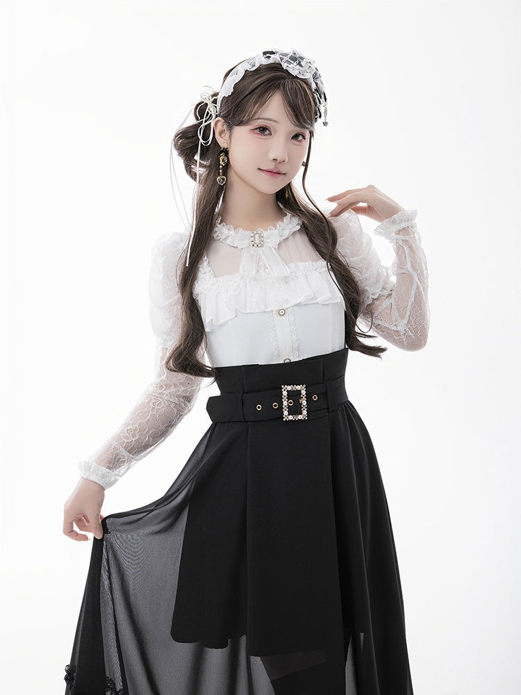 ブラウス+蝶ネクタイ ホワイト イリュージョンネックライン ジュリエットスリーブ ジライケイ レース