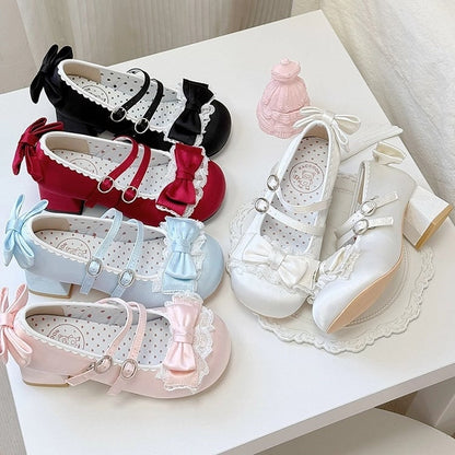 - Mid-heel Edging Lace Janes Mary Lolita Ruffled Sweet Pink