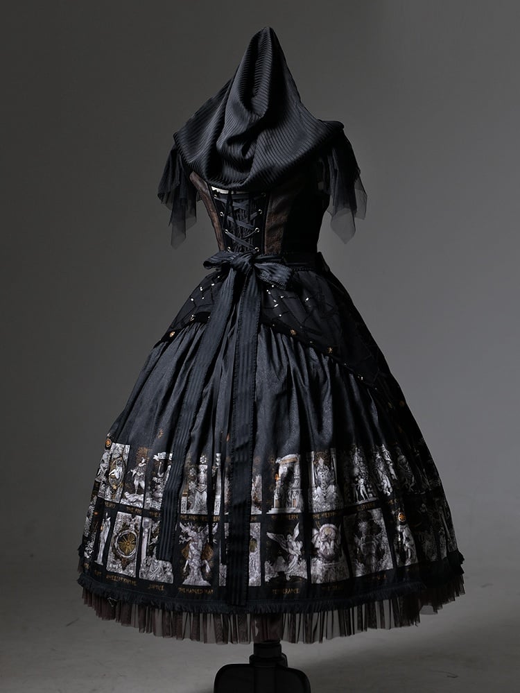 Gothic Lolita with Two-pieces Dress Detachable Tarot Hood Fake Card Print