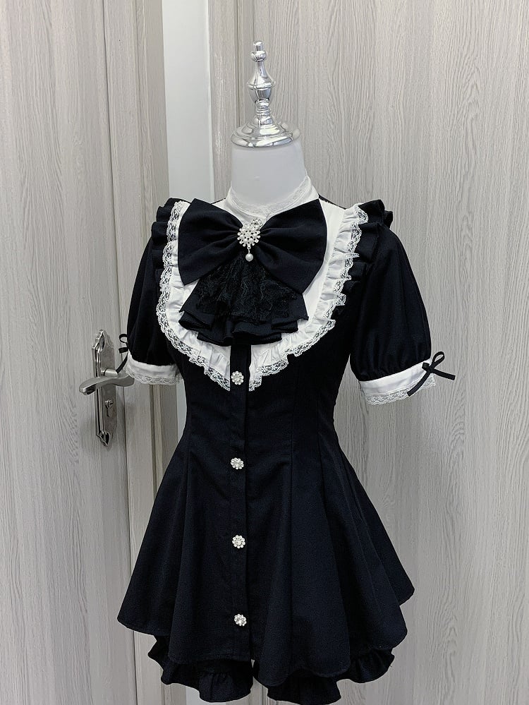 Short Big Jirai Kei Black Detachable Set Sleeves Mini and Jabot Collar Bow Dress+Shorts