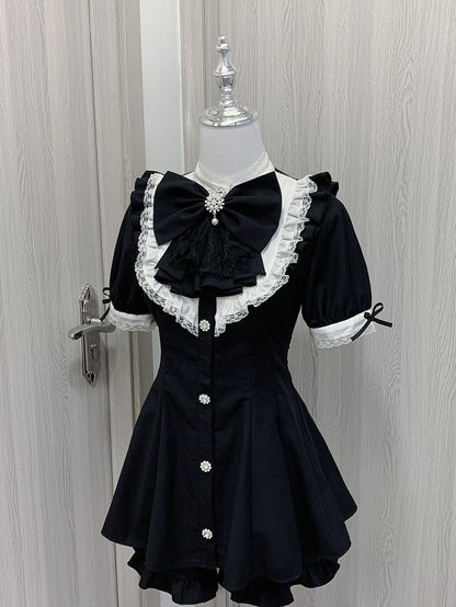 Short Big Jirai Kei Black Detachable Set Sleeves Mini and Jabot Collar Bow Dress+Shorts