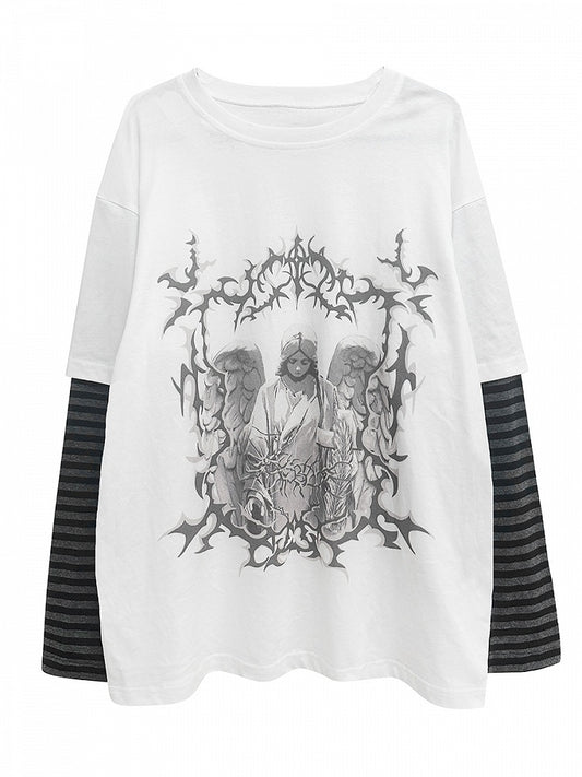 ホワイトダークカワイイストライプスリーブグラフィックTシャツ