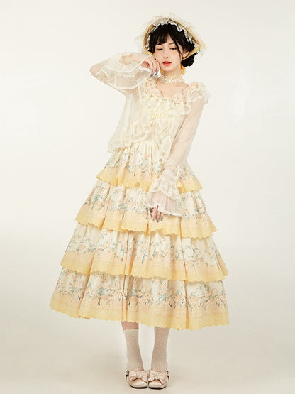 Sheer Tulle Top Long Flounce Sleeves Beige Dotted Trimming