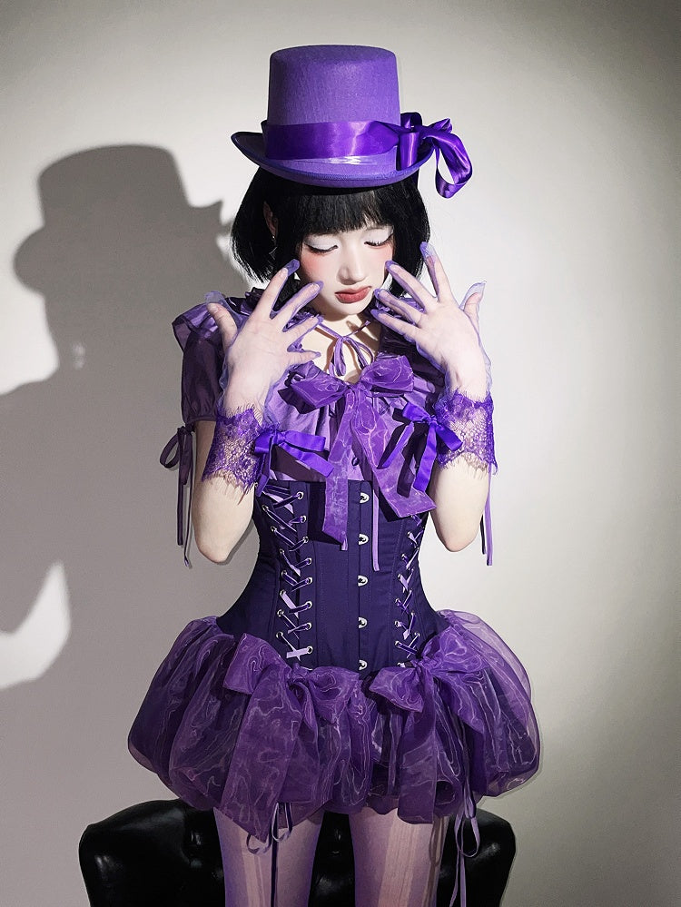 Gothic Lolita Ruffles Waist Purple Neckline with Elastic Layered Smocked Blouse