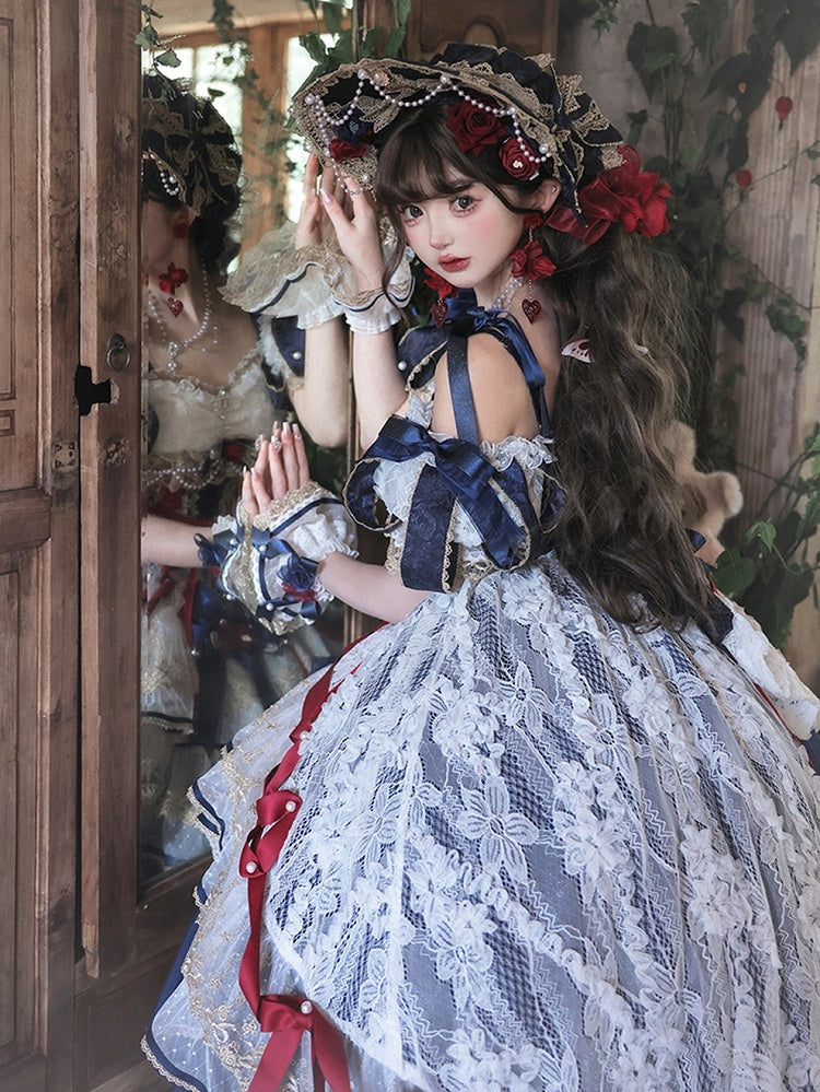 Dark Blue and Red Chain Bonnet Bead Flowers Lolita with