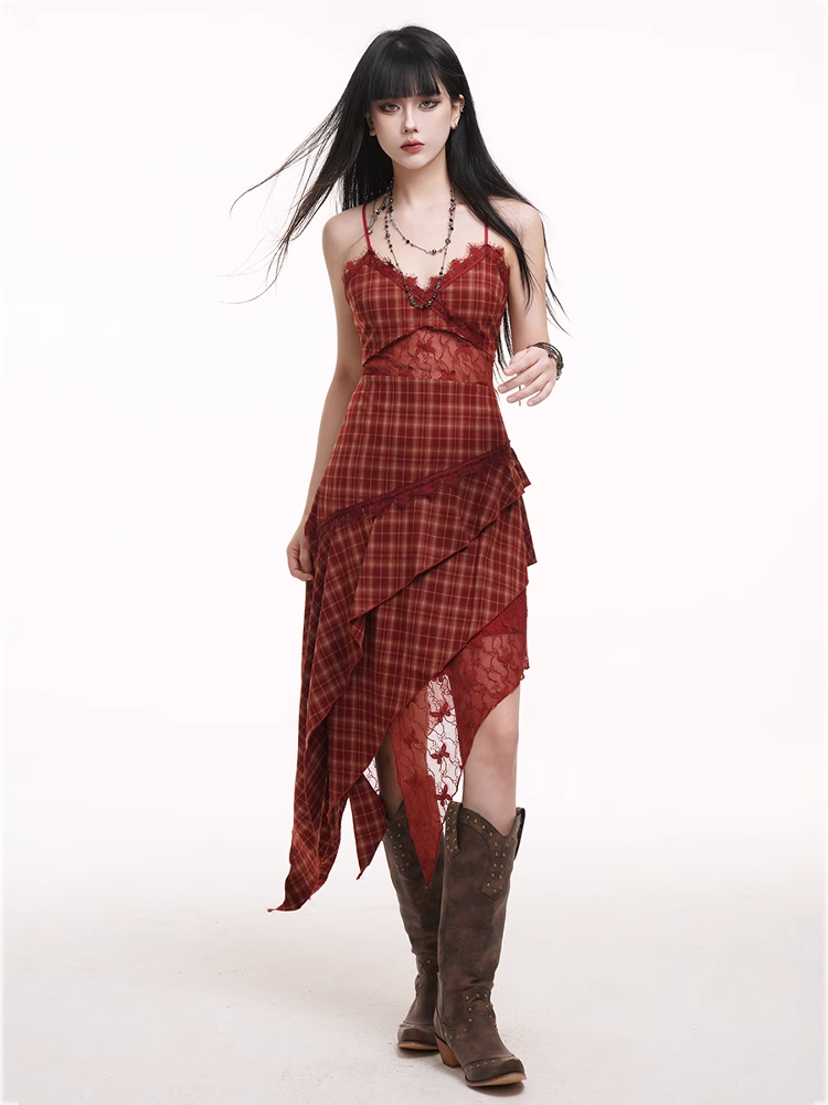 Camisole-Kleid mit Taschentuchsaum und Cutout an der Taille, rot, kariert, V-Ausschnitt