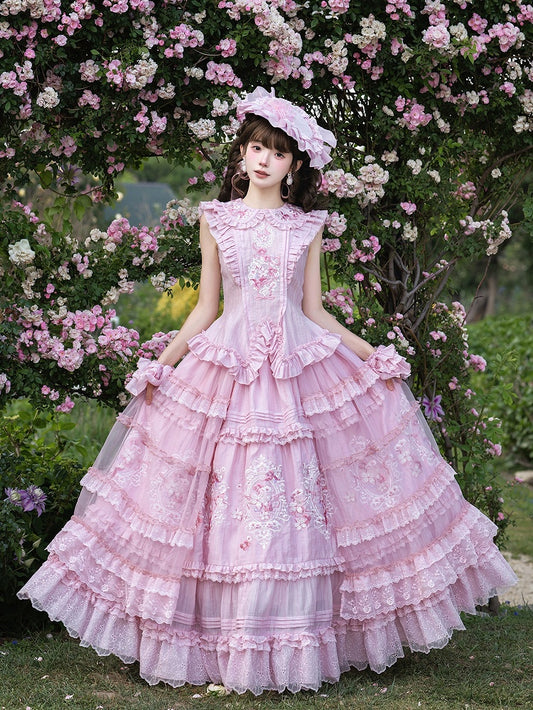 Pink Flutter Sleeves Lolita Top + Floral Embroidery Ruffled Skirt + Sheer Overlay + Hat Set - Misty Isle Letter