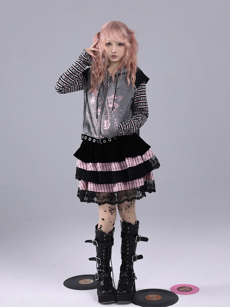 Black & Pink Striped Tiered Skirt with Musical Note Lace Trim - Hime Gyaru Style