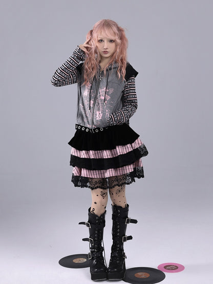 Black & Pink Striped Tiered Skirt with Musical Note Lace Trim - Hime Gyaru Style