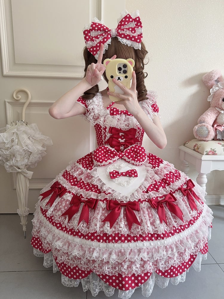 Schule Polka Schleife Ärmel Lolita Kleid Kurz Rot Akzente Punkte Muster Alt