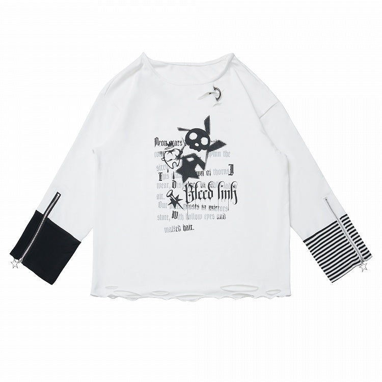 Distressed Zipper Print with Holes White Top and Long Cuffs Sleeve Rock