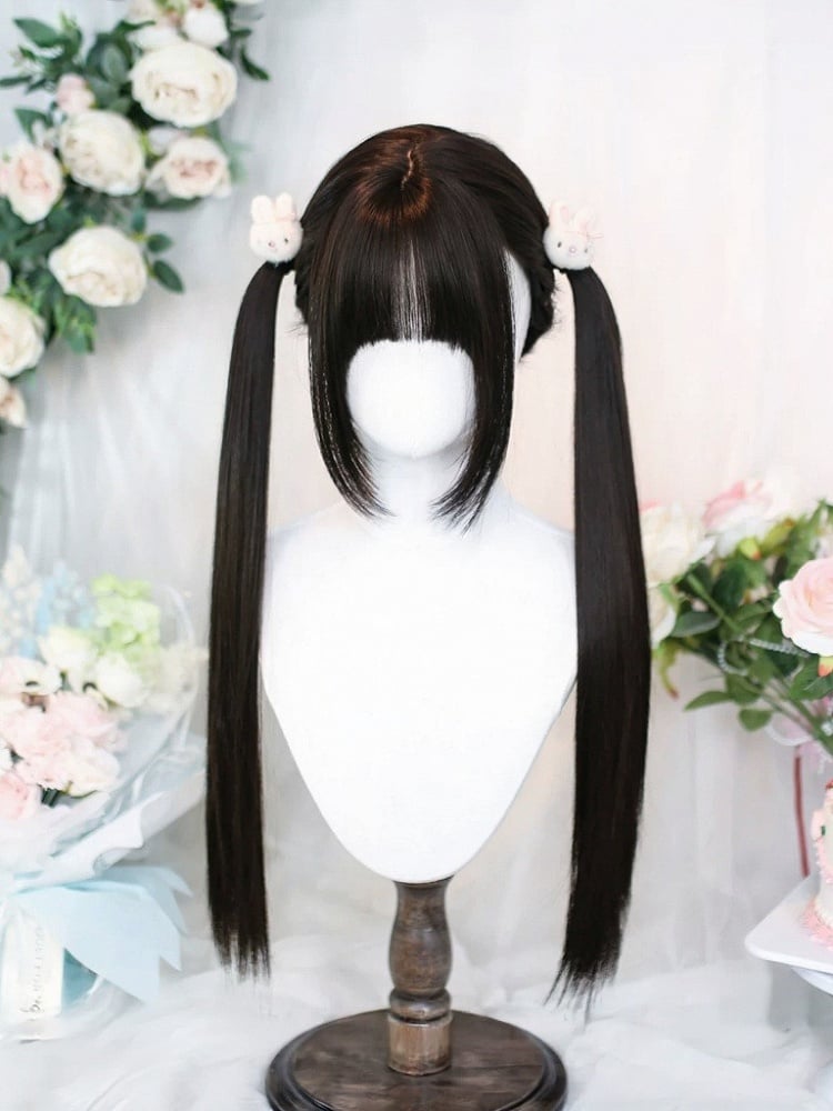 Black Tea 65cm Long Straight Wig with Twin Tails - Dalao Home