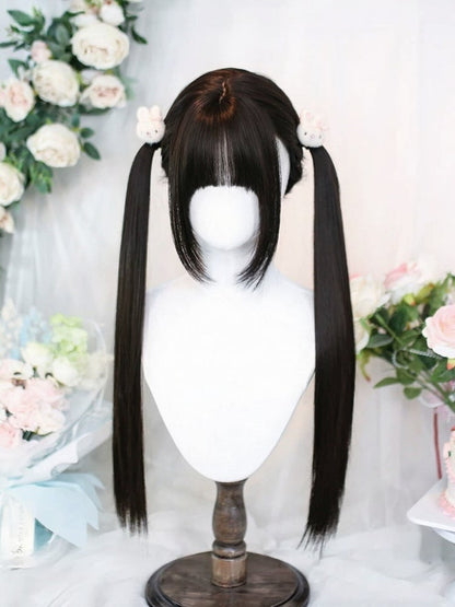 Black Tea 65cm Long Straight Wig with Twin Tails - Dalao Home