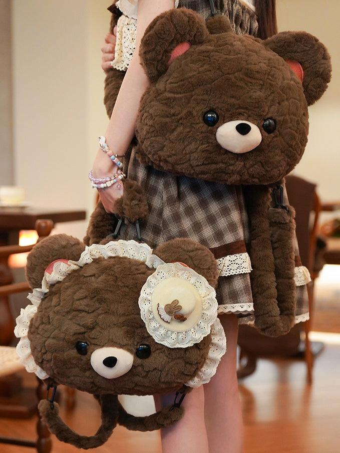 Brown Bear Shaped Lace Plush Backpack