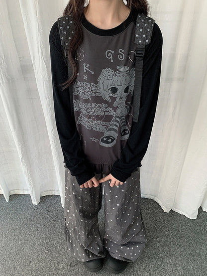 Girl Sleeve Cartoon Gray Pattern T-shirt Colorblock Long with Design