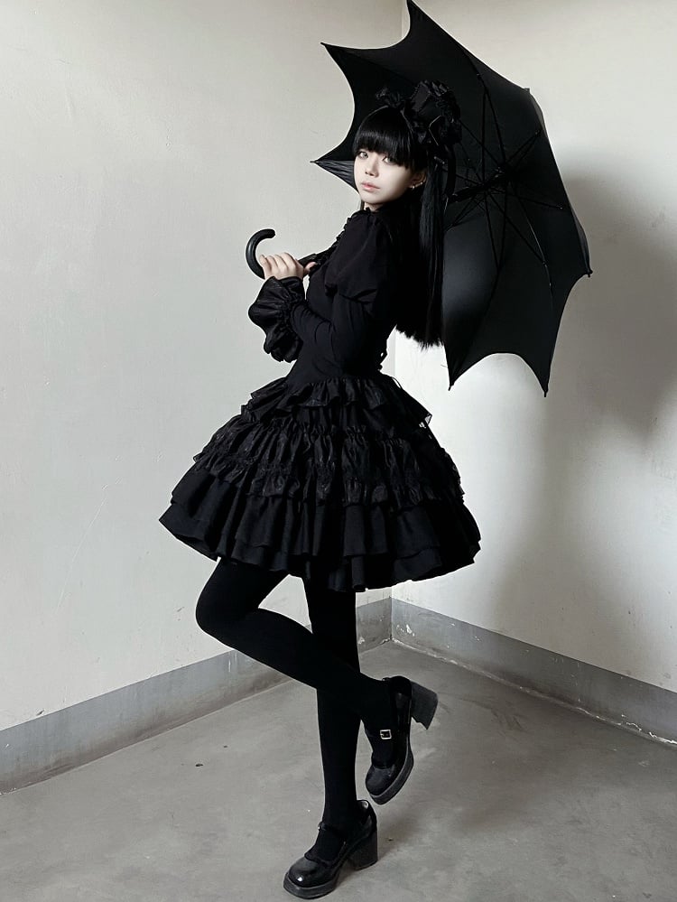 Black Gothic Lolita Tiered Ruffle Puffy Skirt