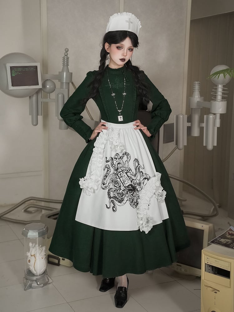 Dark Green Cthulhu Gothic Lolita OP Set – Tentacles + Apron + Nurse Hat + Necklace | With PUJI