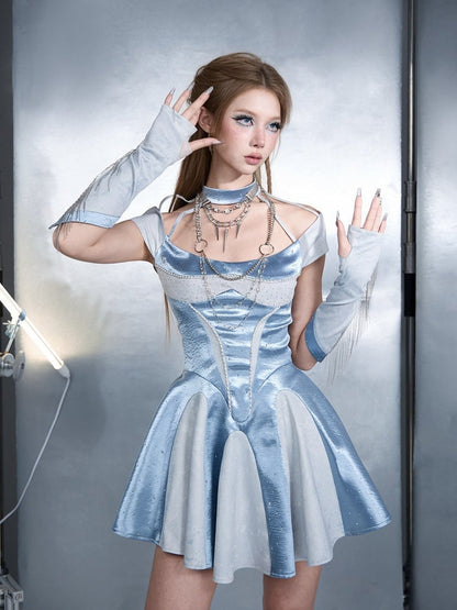 Blue Y2K Satin Halter Neck A-Line Dress with Rhinestone - Virtual Orbit