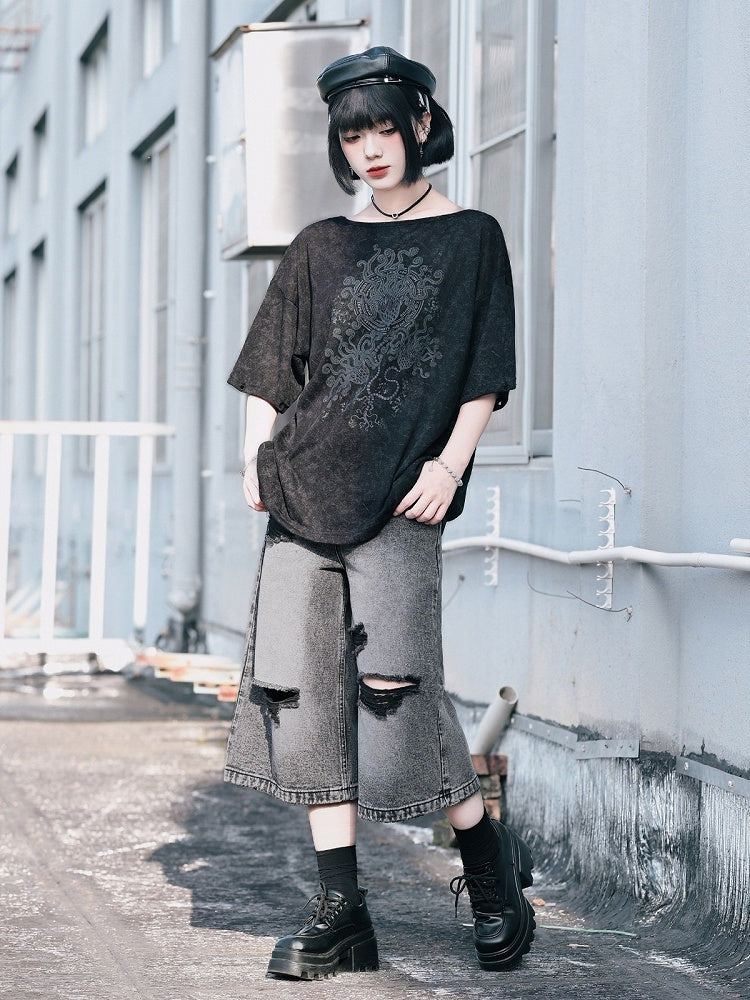 Distressed Denim Cropped Wide-Leg Pants - Quirky Hut