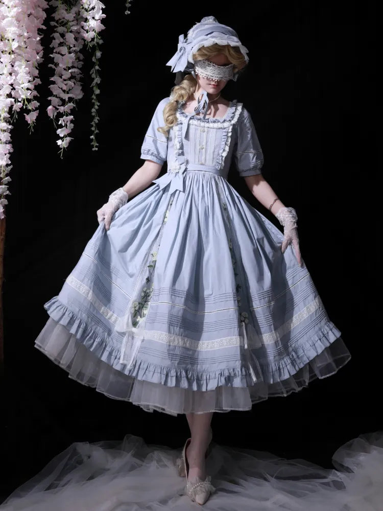 Embroidery Dress Cotton Lolita Blue Square Jasmine Neckline