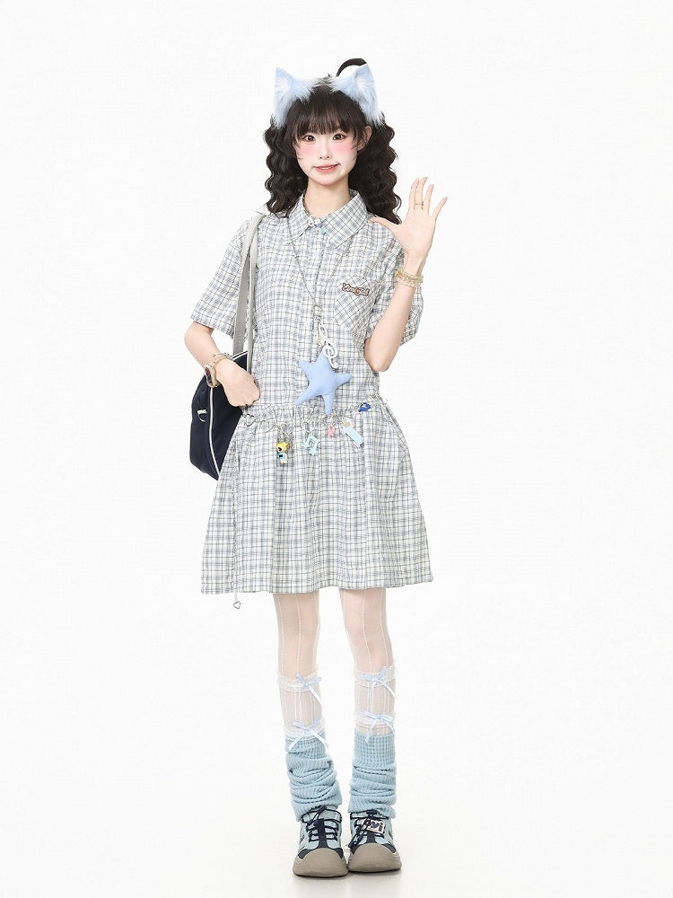 Preppy Gray Plaid Polo Neck Short Sleeve Dress - Languid Park