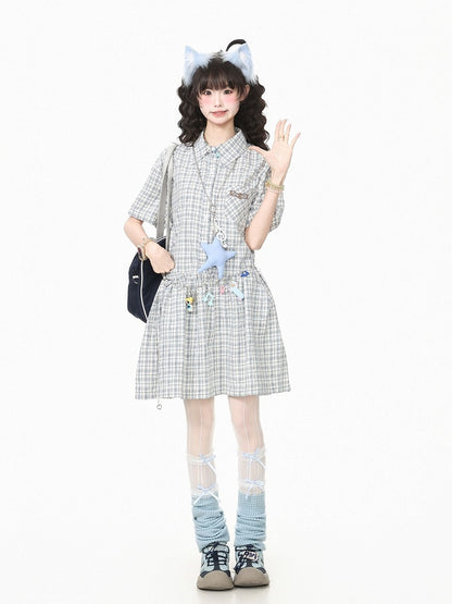 Preppy Gray Plaid Polo Neck Short Sleeve Dress - Languid Park